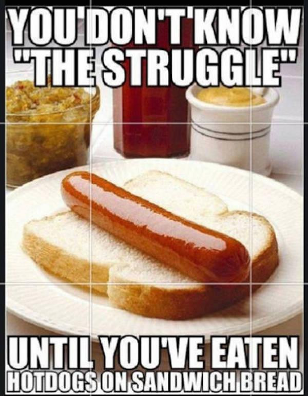Анекдоты про еду и кухню. Growing up poor Bread. Eat a hot Dog. When you grow up broke Bread. Eating a hot dog транскрипция